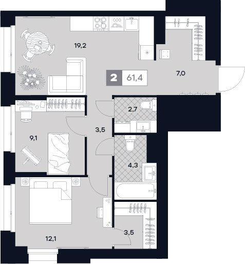 3 ккв (Евро) 61,4 м²