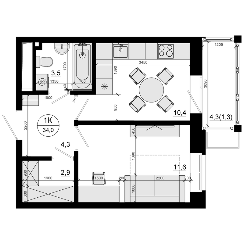 1 ккв 34 м²