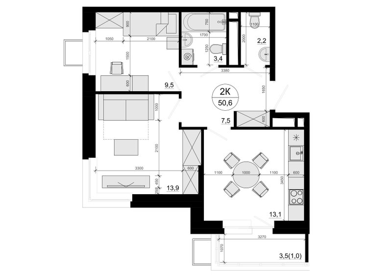 2 ккв 51,6 м²