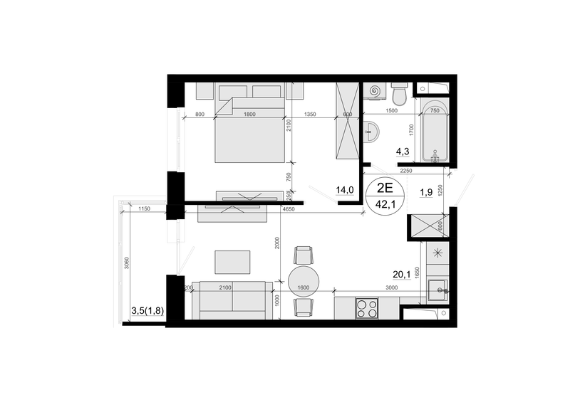 2 ккв (Евро) 42,1 м²