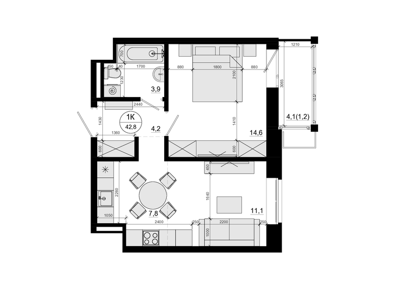 2 ккв (Евро) 42,8 м²