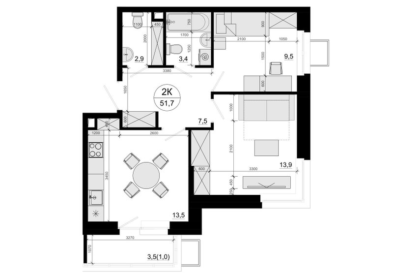 2 ккв 52,3 м²