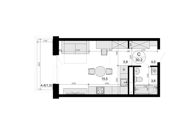 Студия 30,2 м²
