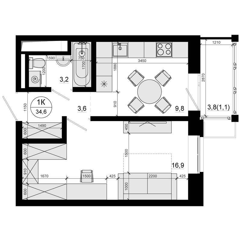 1 ккв 34,6 м²