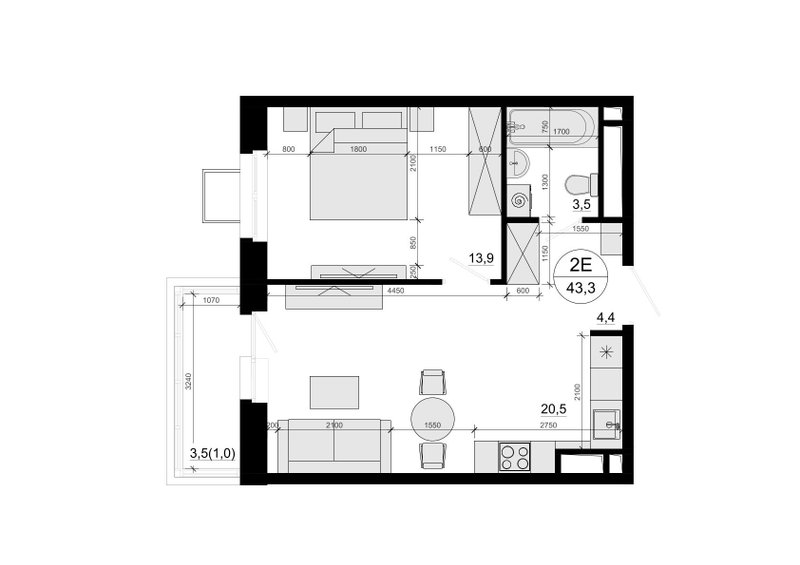 2 ккв (Евро) 43,3 м²