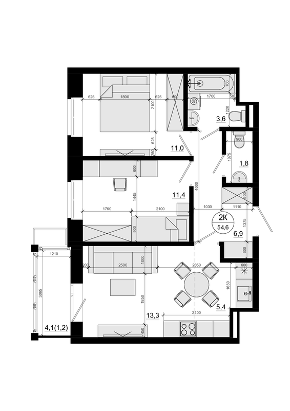3 ккв (Евро) 54,6 м²