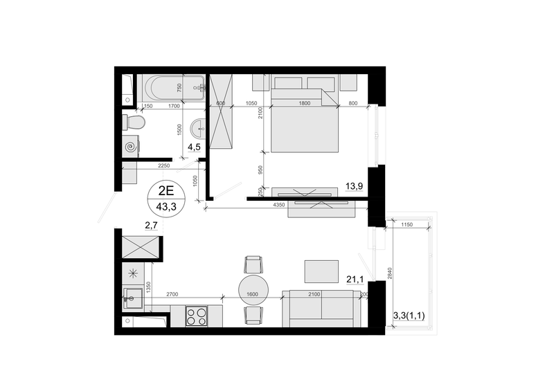 2 ккв (Евро) 43,3 м²