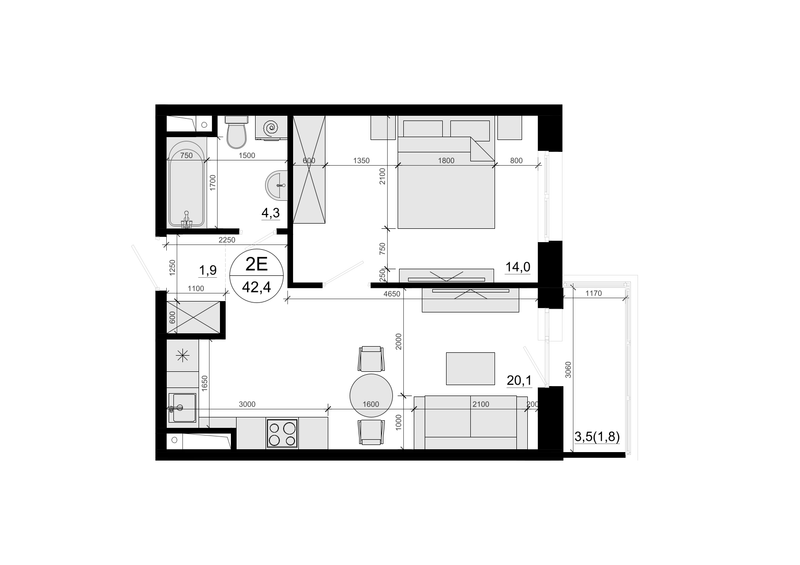 2 ккв (Евро) 42,1 м²