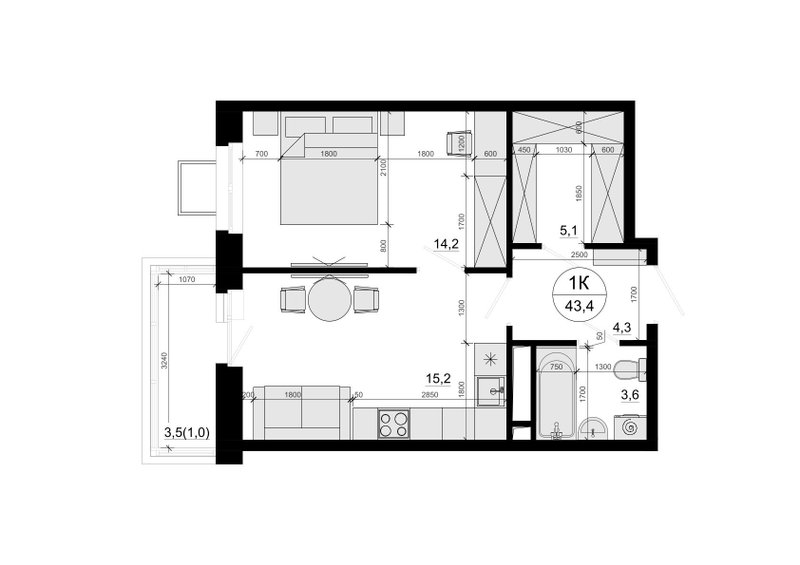 2 ккв (Евро) 43,2 м²