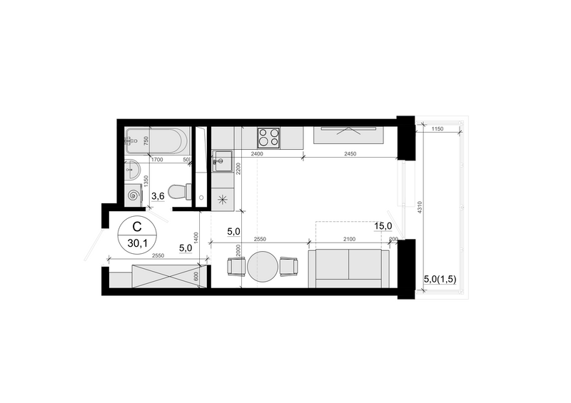 Студия 30,1 м²