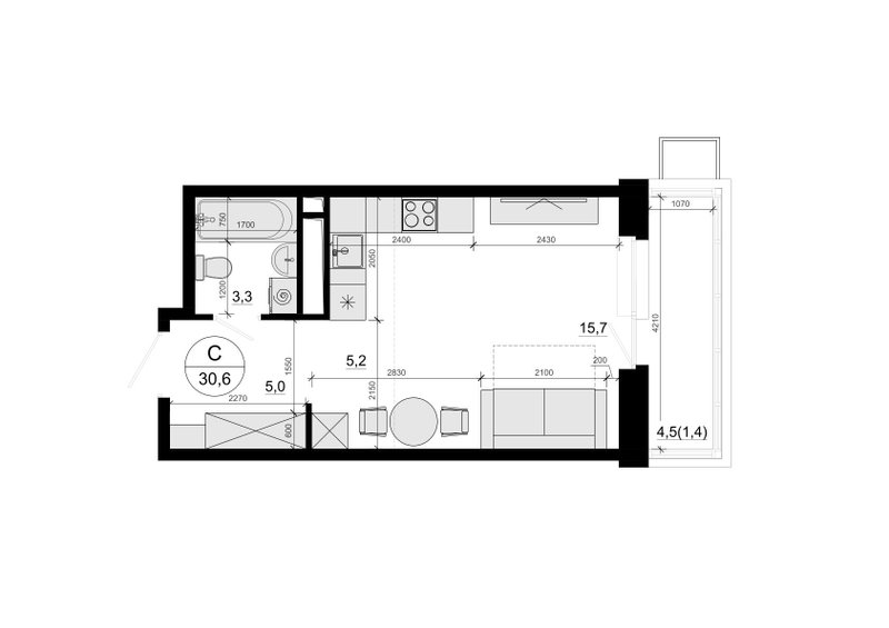 Студия 30,1 м²