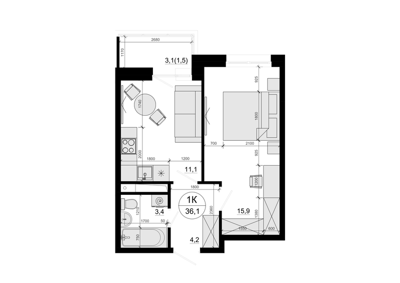 1 ккв 36,1 м²