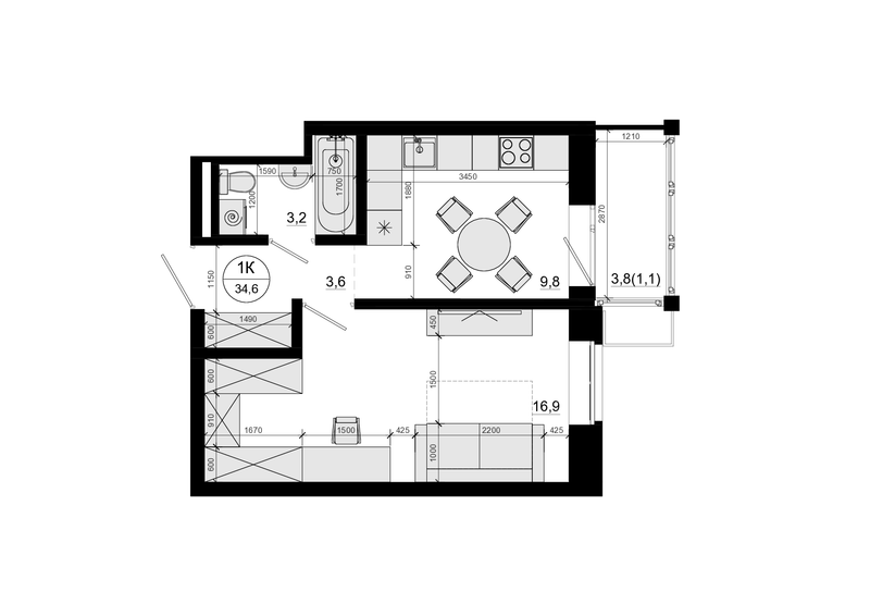 1 ккв 34,6 м²