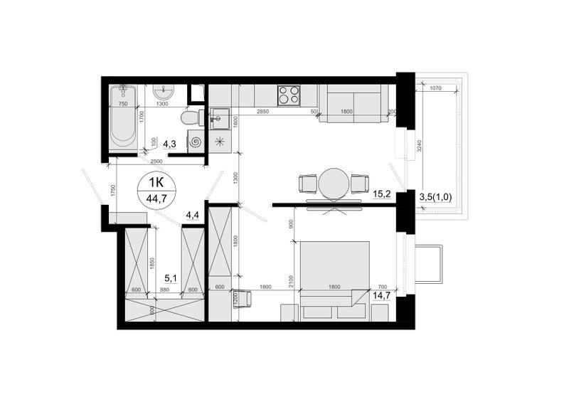 2 ккв (Евро) 44,3 м²