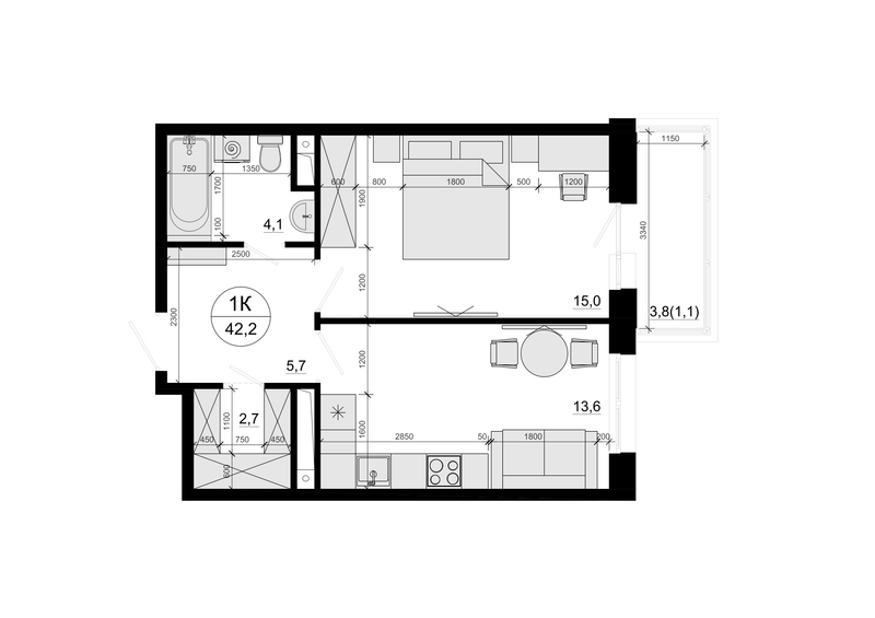 2 ккв (Евро) 42,2 м²