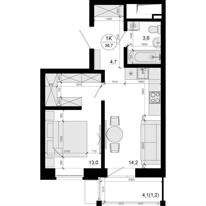 1 ккв 36,7 м²