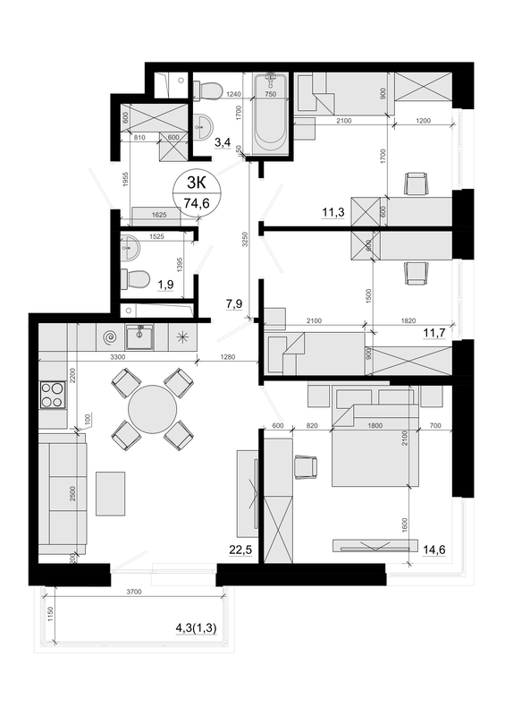 4 ккв (Евро) 74,6 м²