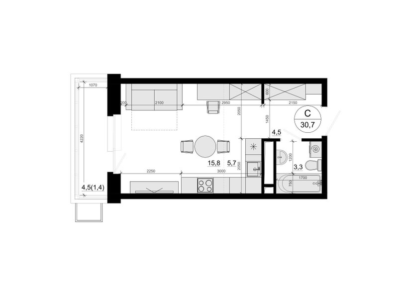 Студия 30,2 м²