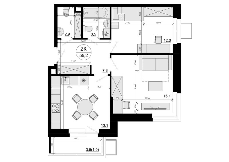 2 ккв 55,7 м²