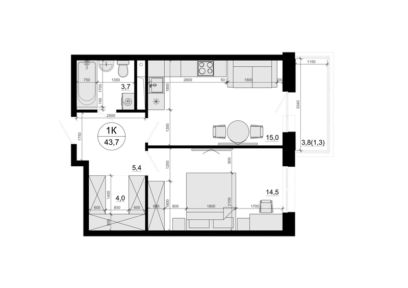 2 ккв (Евро) 43,7 м²