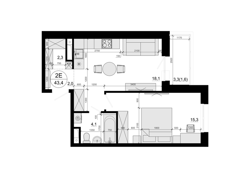 2 ккв (Евро) 43,4 м²