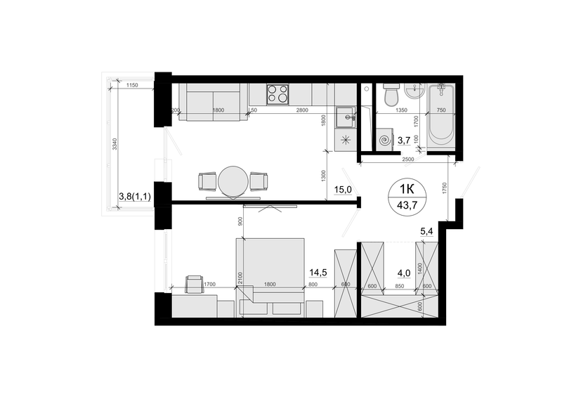 2 ккв (Евро) 43,7 м²
