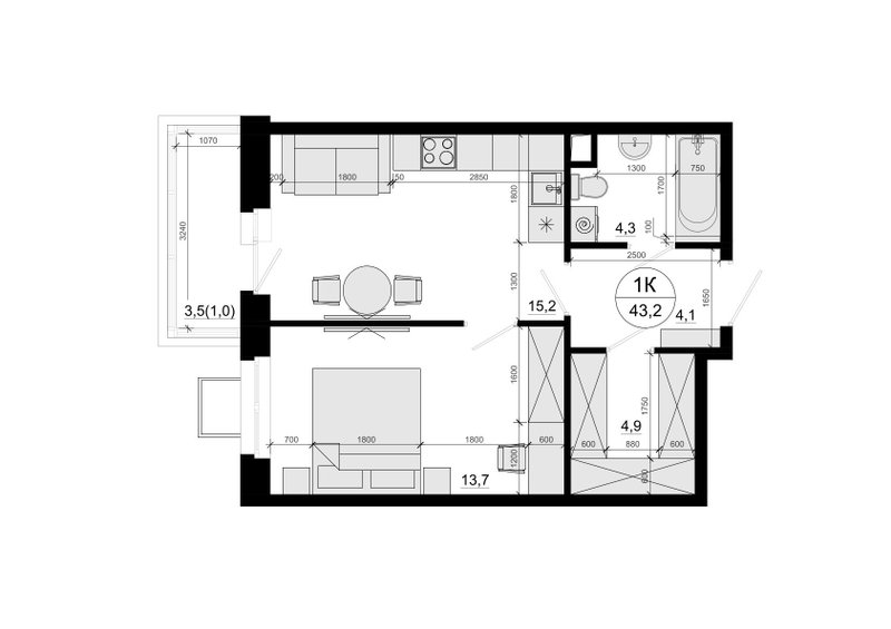 2 ккв (Евро) 43,3 м²