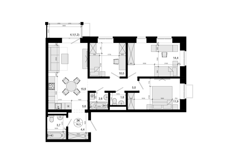4 ккв (Евро) 76,3 м²