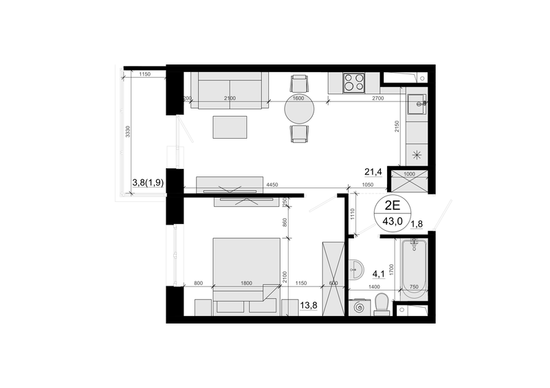 2 ккв (Евро) 43 м²