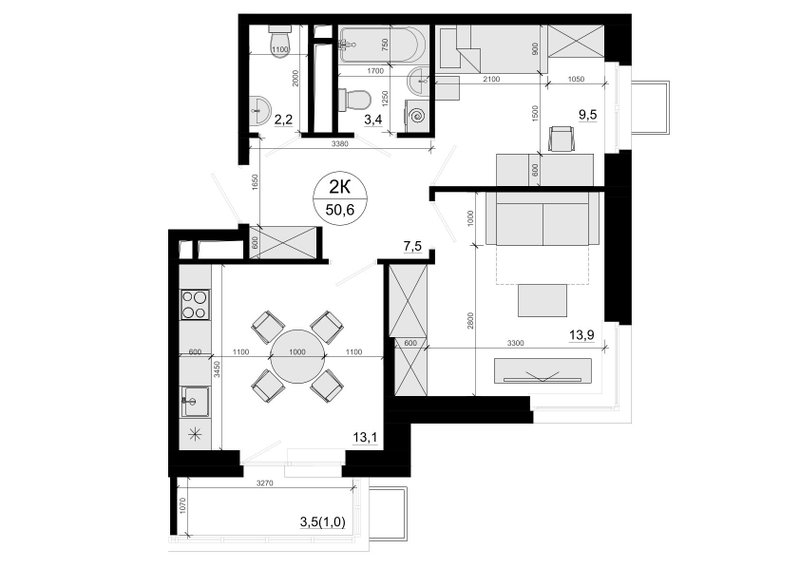 2 ккв 51,6 м²