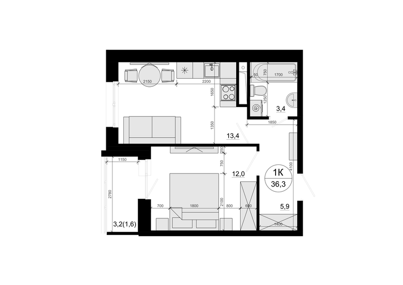 1 ккв 36,3 м²