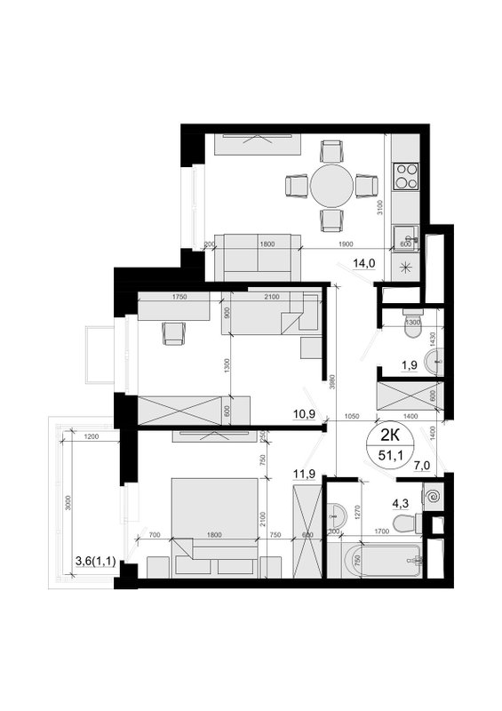 2 ккв (Евро) 52,5 м²