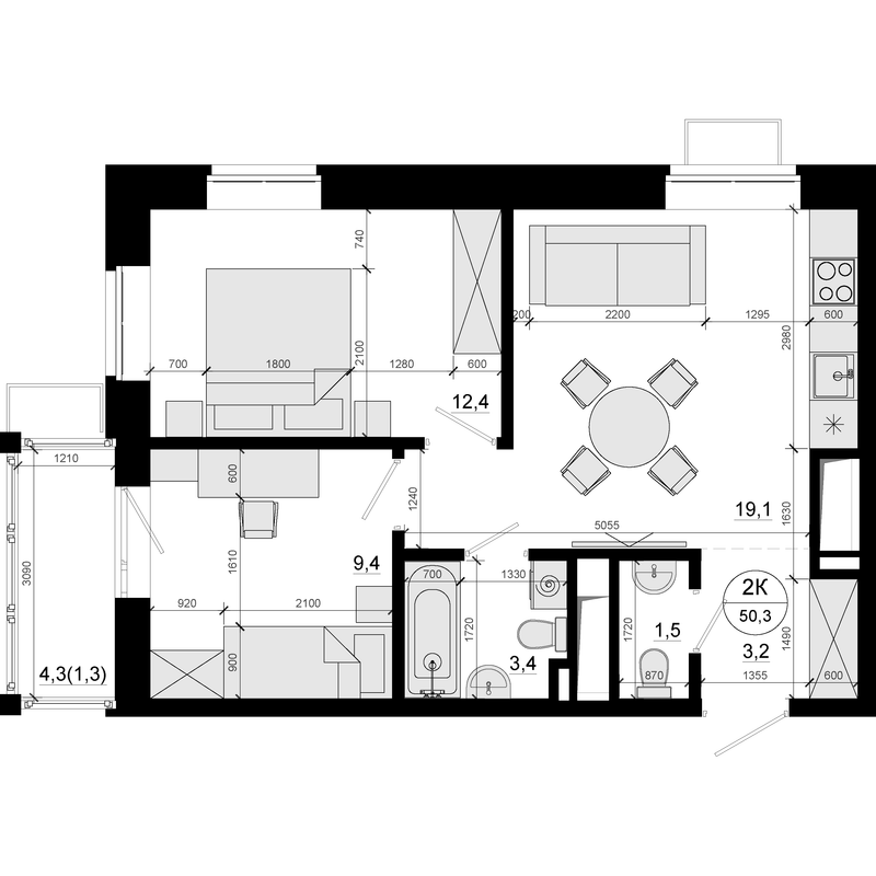 3 ккв (Евро) 50,3 м²