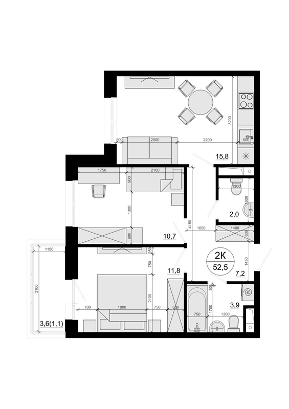 2 ккв (Евро) 52,5 м²