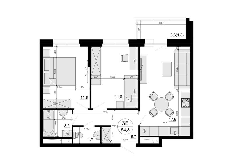 3 ккв (Евро) 54,8 м²