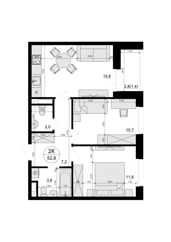 2 ккв 52,8 м²