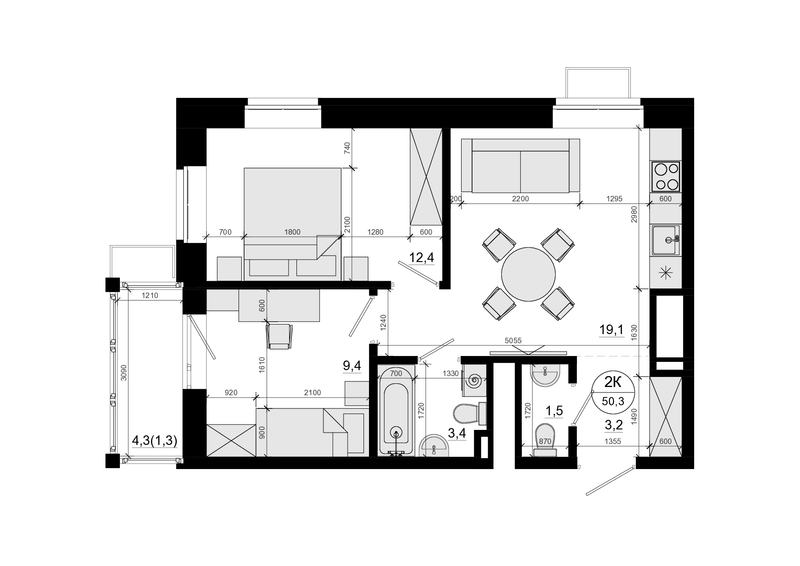 3 ккв (Евро) 50,3 м²