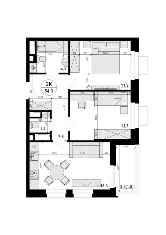 3 ккв (Евро) 54 м²