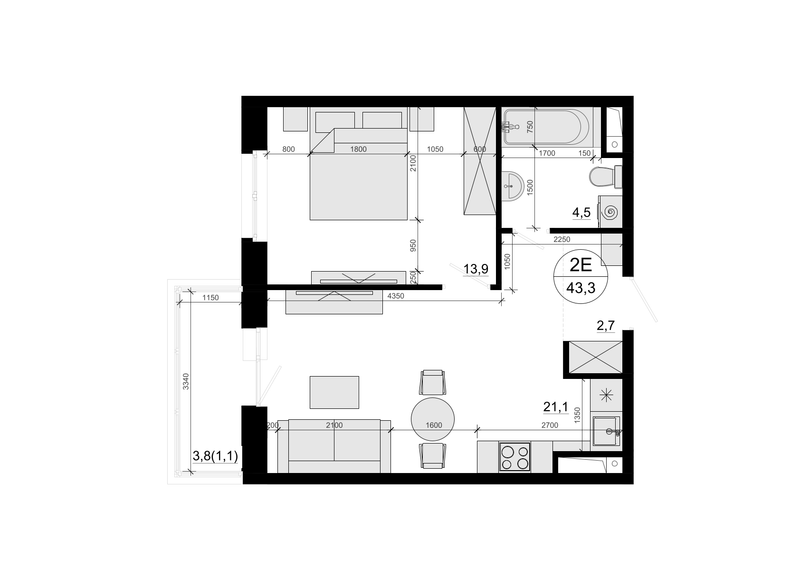 2 ккв (Евро) 43,3 м²