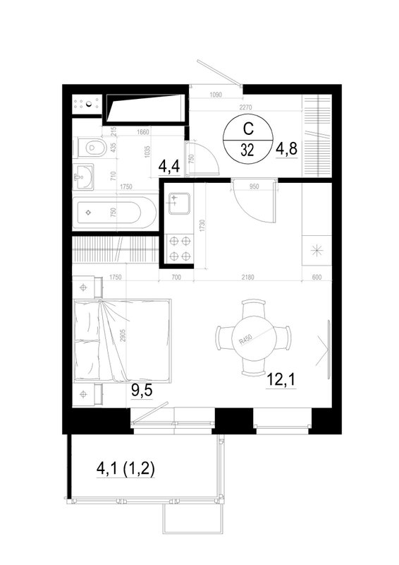Студия 32 м²