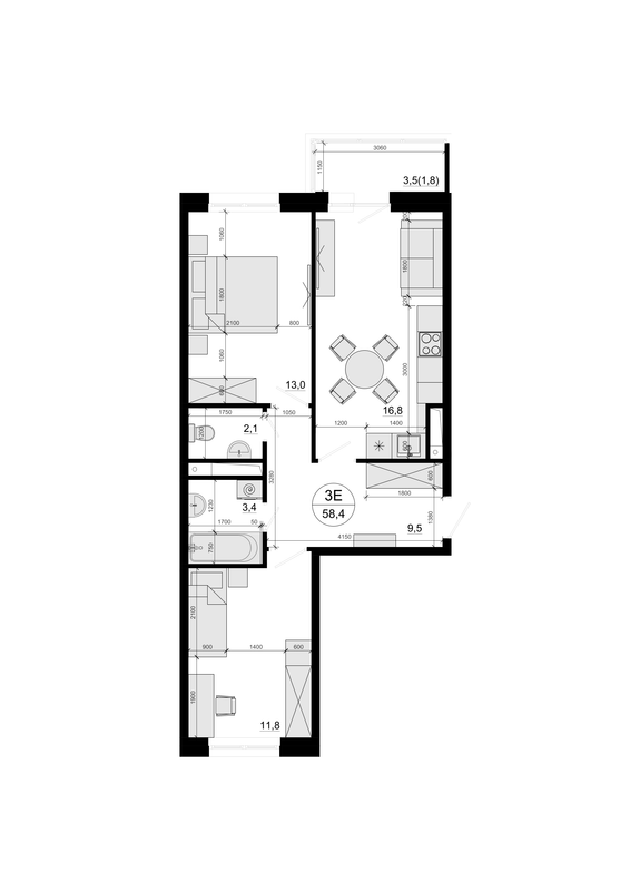 3 ккв (Евро) 58,4 м²