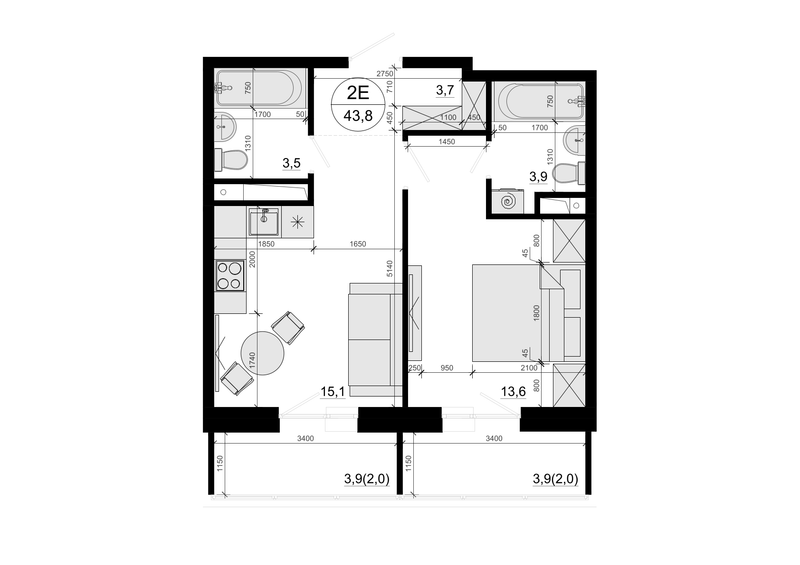 2 ккв (Евро) 43,8 м²