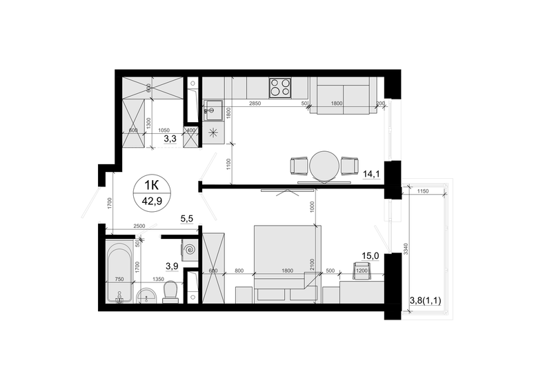 2 ккв (Евро) 42,9 м²