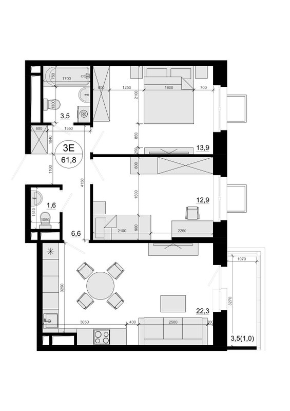 3 ккв (Евро) 61,8 м²