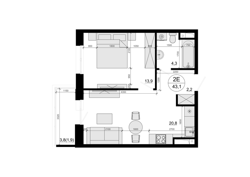 2 ккв (Евро) 43,1 м²