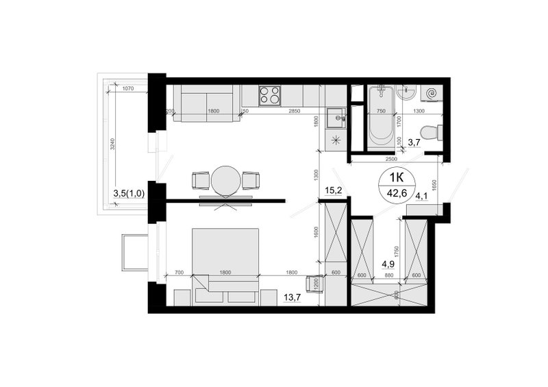 2 ккв (Евро) 42,7 м²