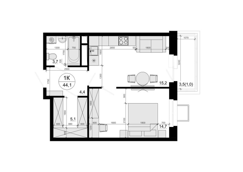 2 ккв (Евро) 43,7 м²