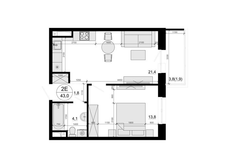 2 ккв (Евро) 43 м²