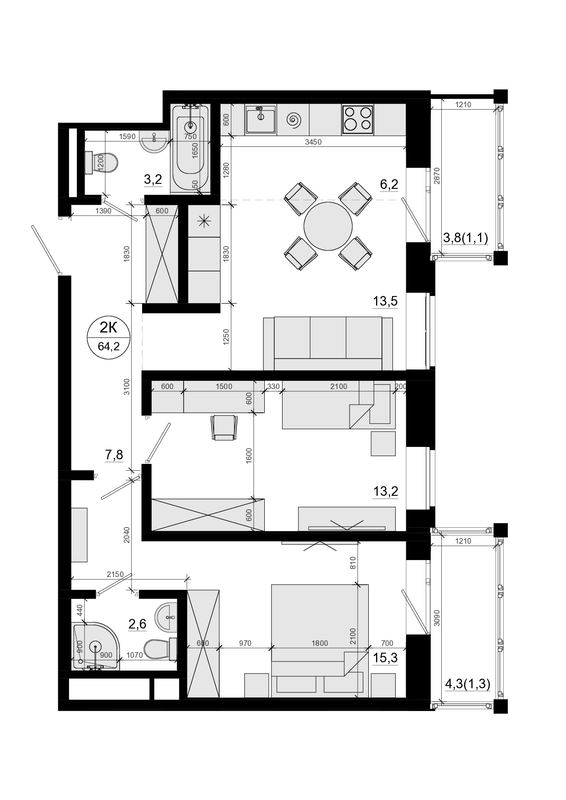 3 ккв (Евро) 64,2 м²