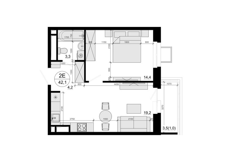 2 ккв (Евро) 42,8 м²